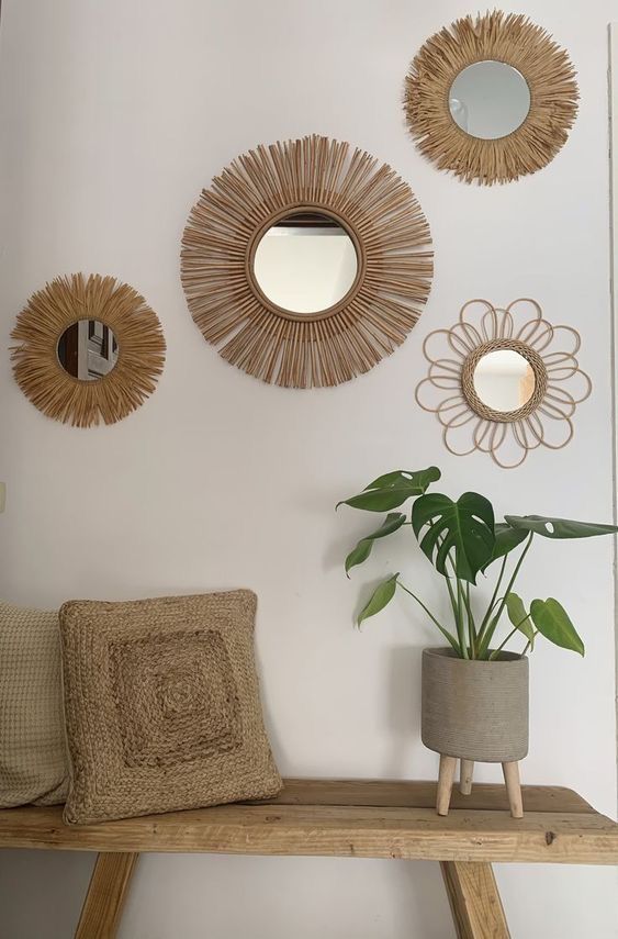 Ensemble miroirs raphia rotin